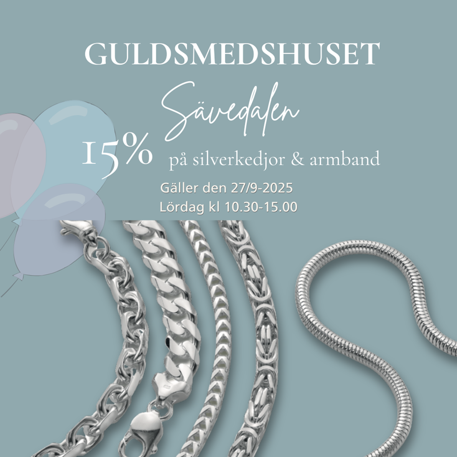Upplev Höstmarknaden i Sävedalen 27/9! Guldsmedshuset har öppet 10.30–15.00 med erbjudanden: 20% reparationer & puts, 10% guldkedjor, 15% silverkedjor.